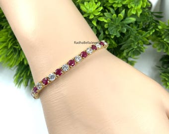 Ruby & Diamond Tennis Bracelet, 925 Sterling Silver, Anniversary Gift