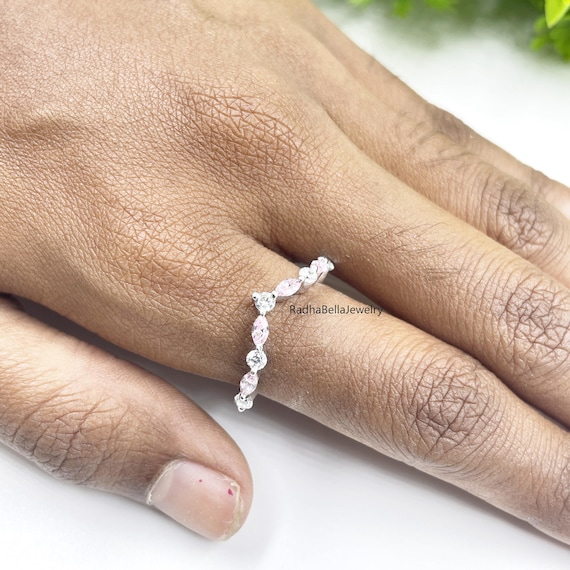 Pink Sapphire Diamond Chevron Wedding Band, Marquise Cut Silver