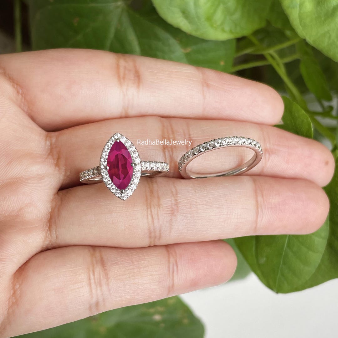 Marquise Ruby Sterling Silver Engagement Ring Set – Split Shank Halo - Etsy