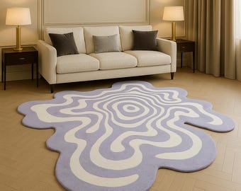 Modern golvend abstract vloerkleed | Handgetuft vloerkleed met onregelmatige vorm van lavendel en crème |