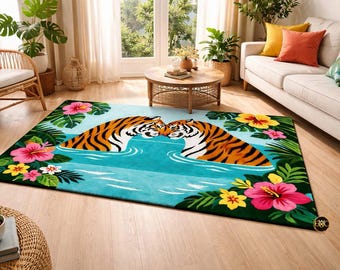 Luxury Tropical Tiger Area Rug – Floral Jungle Statement Carpet, Bold Living Room Decor,