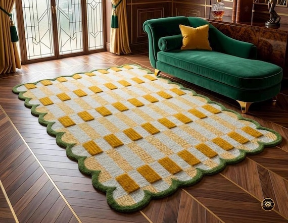 Hand Tufted Scalloped Checkered Rug – Mid Century Retro Style