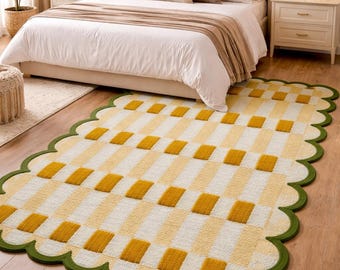 Hand-Tufted Wool Checkerboard Rug | Modern Scalloped Carpet