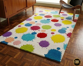Colorful Paint Splatter Area Rug, Abstract Modern Carpet, Kids Playroom Living Room Statement Rug