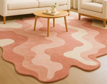 Modern Pink Cream Wavy Edge Rug | Hand Tufted Abstract Irregular Shape Carpet