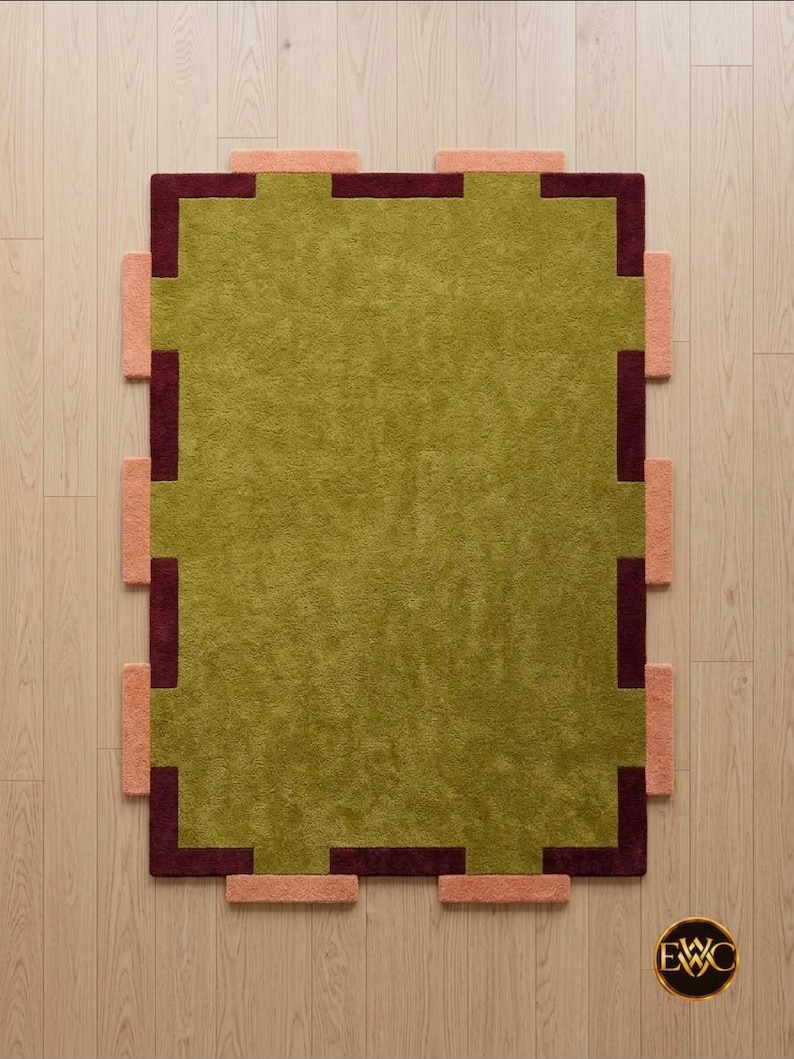 Olive Green Geometric Border Wool Rug | Mid Century Modern Plush Area ...