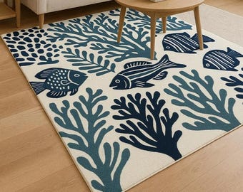 Alfombra de lana tejida a mano / Diseño de coral azul y peces / Alfombra de lujo para sala de estar