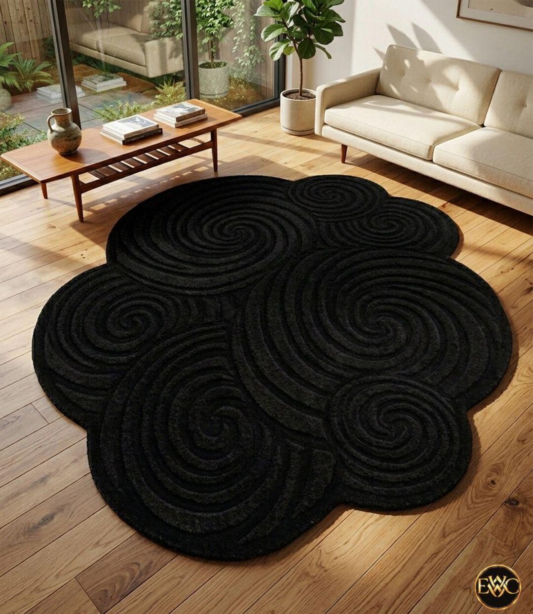 Black Hand Tufted Wool Rug Abstract Swirl Modern Area Rug Sculpted ...