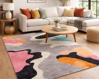 Handmade Abstract Wool Rug, Black Gold Modern Statement Carpet, Custom Size Available