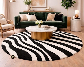 Hand Tufted Wool Zebra Print Round Rug | Black White Plush Area Carpet