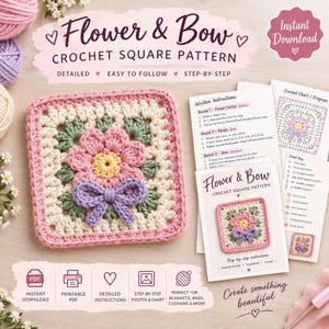 Flower Granny Square Crochet Pattern, Floral Bow PDF Download