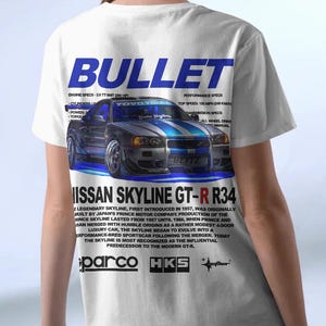 Nissan Skyline GT-R R34 Car T-Shirt JDM Bullet Design Tee Japanese Street Racing Graphic Shirt Unisex Car Enthusiast Gift