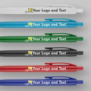 May include: A selection of ballpoint pens in white, blue, green, black, red, and dark blue. Each pen has a matching clip and the text "Your Logo and Text" printed on the barrel. The pens are displayed against a light grey background.