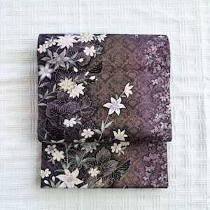 Elegant Formal Fukuro Obi – Deep Purple with White Blossoms & Silver Lame – Length 440cm / 173in – For Wedding, Graduation, Formal Events