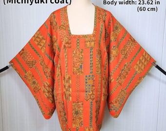 Retro Michiyuki Kimono Coat – Orange Patchwork Style / Length 82cm / 32.3in – Can Be Worn Like a Haori – Vintage Japanese Kimono Coat