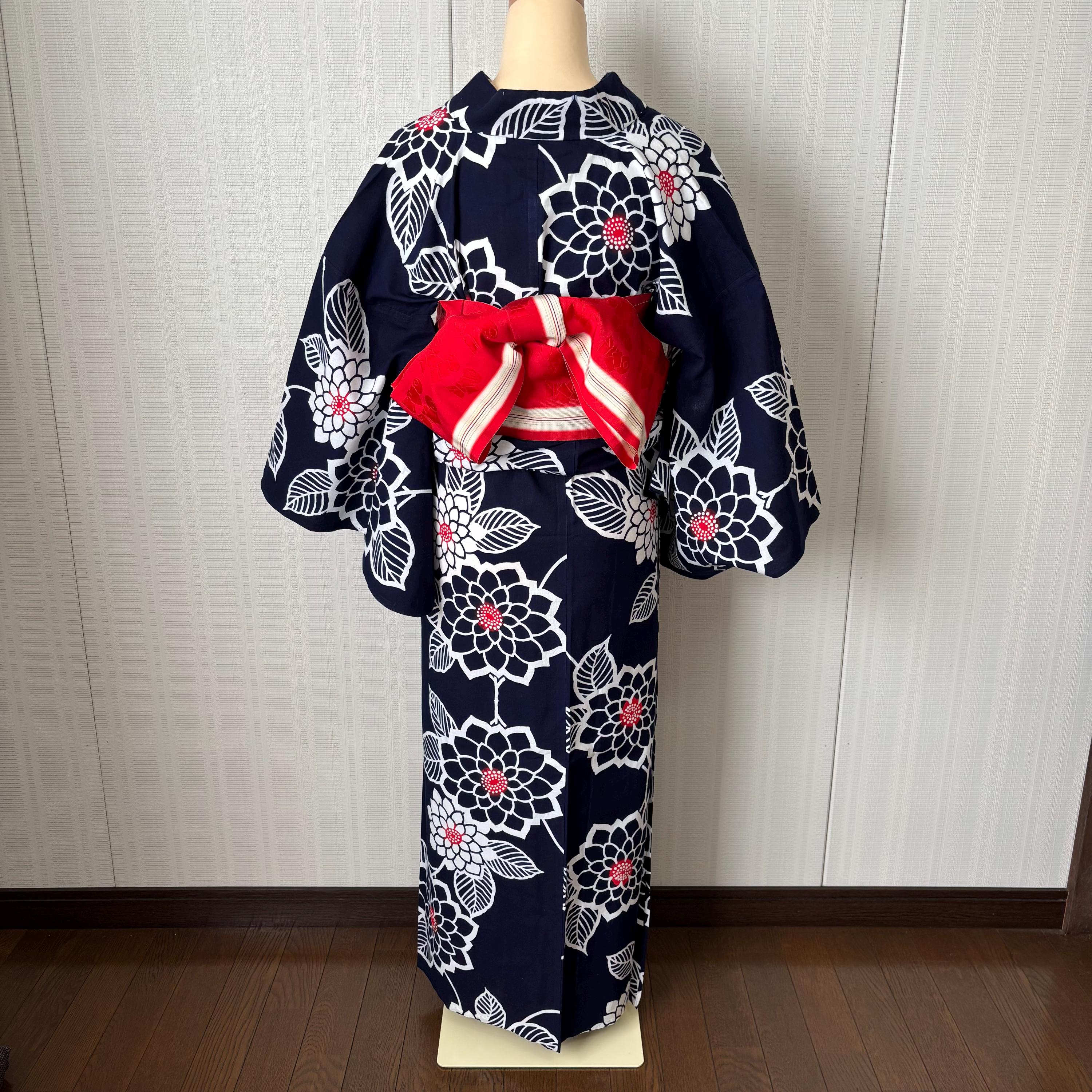 Chusen-dyed Yukata & Hakata-ori Obi Set – Bird Motif, Navy Floral