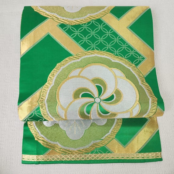 Gold and Green Patterned Kimono Obi Belt Green Obi Sash - Floral Gold Motif - Fukuro Obi - Silk Obi  main image 4