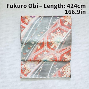 Excellent Condition Fukuro Obi Red × Gray | Geometric × Floral × Butterfly Motif | Elegant & Stylish | with Furisode, Houmongi