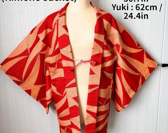 Vintage Retro Haori Kimono Jacket – Red Orange Geometric Pattern