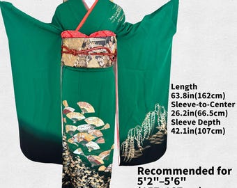 May include: A green Furisode 6-piece set kimono with a decorative obi belt. The kimono features fan and floral patterns, with a length of 63.8 inches (162cm). Recommended for individuals between 5'2"-5'6" (157-167cm).