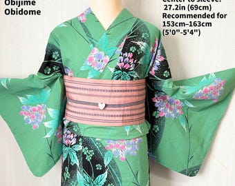 Yukata Set — Length 62.2in (158cm), Green, Floral Pattern, Hakata-ori Hanhaba Obi, Obijime, Obidome