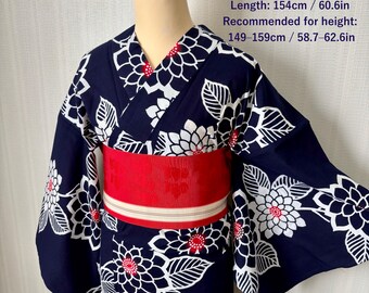 Chusen-Dyed Yukata & Hakata-ori Obi Set – Bird Motif, Navy Floral