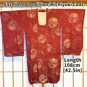 Elegant Michiyuki Kimono Coat – Long Sleeves, Floral Marumon Pattern, Deep Red – 108cm  42.5in – Versatile Outerwear for Kimono