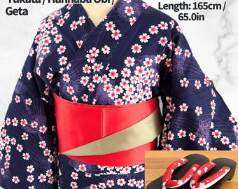 Komplet yukata z bawełny Sakura w kolorze fioletowym – rozmiar wysoki z nowym obi i getą