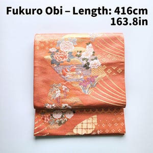 Formal Fukuro Obi – Excellent Condition Gold Thread × Orange with Woven Patterns of Seasonal Flowers, Mandarin Ducks, and Cranes | furisode