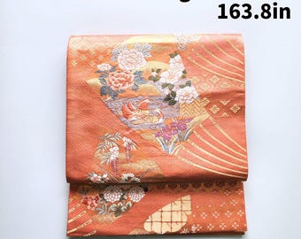 Y998 ヴィンテージ シルク 着物 帯 袋帯 オレンジ 金刺繍 / 唐織