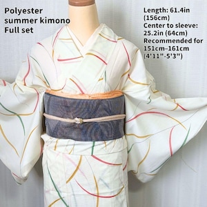 May include: A polyester summer kimono full set featuring a white base with thin, curved red, yellow, and green lines. The garment has a length of 61.4 inches, a center-to-sleeve measurement of 25.2 inches, and is for heights 4'11" to 5'3".