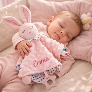 Manta de apego personalizada para bebé, nombre bordado a medida, manta sensorial de seguridad Minky Dot, regalo para baby shower, conejo, elefante, dinosaurio, unicornio.