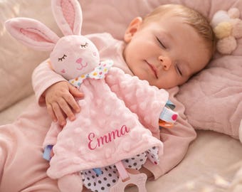 Couverture personnalisée Lovey pour bébé, nom brodé personnalisé, couverture de sécurité sensorielle à petits points, cadeau de baby shower, lapin éléphant dinosaure licorne