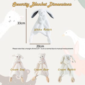 May include: White security blanket with a rabbit head and body, measuring 20cm wide and 33cm long. The image also shows a cream-colored dog, bear, and rabbit security blankets. Text on the image reads "Security Blanket Dimensions."