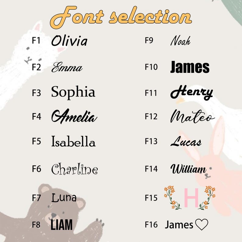 May include: A light beige background with the words "Font selection" in a yellow script. Sixteen font styles are displayed, each with a name and a corresponding number. Decorative illustrations of animals are in the corners.