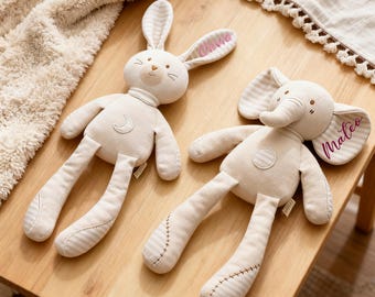 Personalized Organic Cotton Animal Doll – Embroidered Bunny, Elephant & Bear