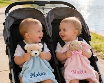 Regalo per gemelli, peluche personalizzabili per neonati, coperte di sicurezza in tessuto Minky personalizzate, coperte con animali da abbinare a piacere, set da 2 per gemelli