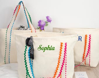 Personalized Embroidered Canvas Tote Bag | Custom Name Zipper Beach Bag,mothers day gift for mom