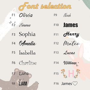 Pu&ograve; includere: Uno sfondo beige chiaro mostra una guida alla selezione dei caratteri. Le parole "Font selection" sono in scrittura gialla. Vengono mostrati sedici stili di carattere, ciascuno con un nome e un numero.