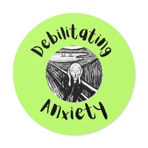 May include: A green circle with the text "Debilitating Anxiety" in black. The circle features a black and white image of Edvard Munch's "The Scream" in the center.