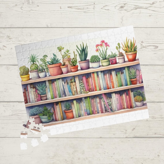 Watercolor Bookshelf Puzzle: Plants and Books (110-1014 Piece) - Etsy
