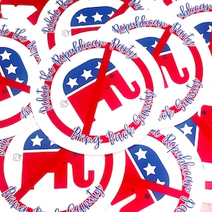 May include: A stack of round white paper signs with red, white, and blue American flag designs. The signs have the text "Delete the Republican Party" and "Bring Back Sanity" written on them.