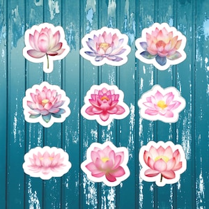 Foglio di adesivi a forma di fiore di loto, confezione da 9, per artigianato, scrapbooking, biglietti d'auguri, decorazioni divertenti, adesivi per amanti delle piante, ideali per bambini, giardinaggio per laghetti