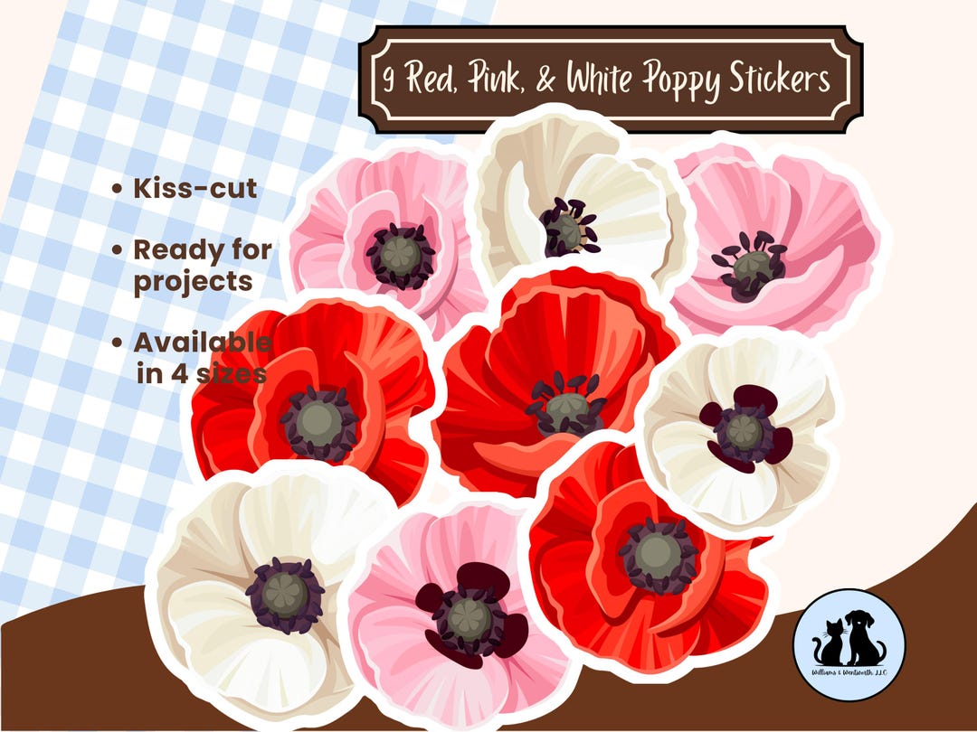 Mini Poppy Flower Stickers, Set Pf 9 Stickers, Romantic, Journal ...