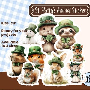 May include: Nine St. Patty's Animal Stickers featuring various animals wearing green hats and bow ties, holding shamrocks. The stickers are kiss-cut and available in four sizes. The text reads "9 St. Patty's Animal Stickers."