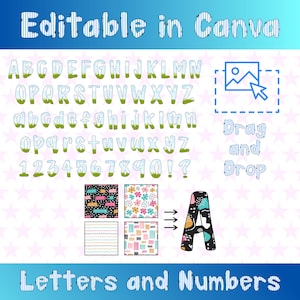 May include: A graphic featuring an alphabet and numbers set, with the text "Editable in Canva" at the top and "Letters and Numbers" at the bottom. The letters and numbers have a transparent design with a green base. The image also includes a "Drag and Drop" graphic.