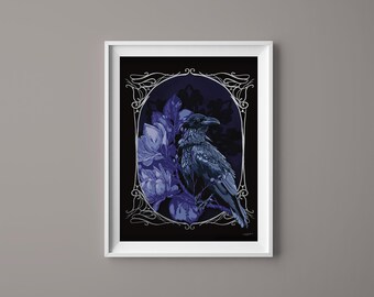 Midnight Messenger – Gothic Raven and Floral Art Print