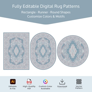 May include: Digital rug patterns in rectangle, runner, and round shapes. The rugs feature a light blue and white ornate design with red accents. The image includes text: "Fully Editable Digital Rug Patterns" and icons for file types and customization.