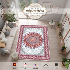 May include: A rectangular rug with a central medallion design in red, white, and blue. The rug has a detailed border and is placed in a living room setting. The text "EDITABLE Rug Pattern DIGITAL DOWNLOAD" is visible.