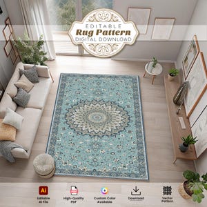 Könnte beinhalten: Ein rechteckiger, türkisfarbener Teppich mit einem zentralen Medaillon-Design und floralem Rand. Der Teppich hat ein detailliertes Muster in Blau-, Beige- und Grautönen. Der Text auf dem Bild lautet "Editable Rug Pattern Digital Download".
